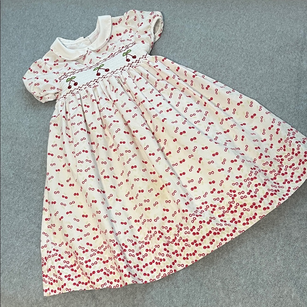 Girls Midi Dress Size 5 Cherry Retro Smocked Puff Sleeve Collar Easter Spring